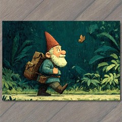 Art Print Storybook Gnome Hiker Backpack Forest Path Butterfly Night Walk
