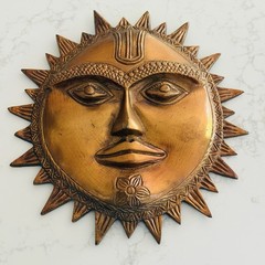 Vintage Celestial Sun Face Wall Plaque Cast Brass Metal With Patina 8″ Diameter