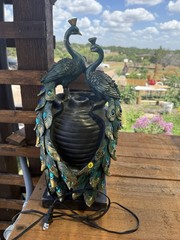 Peacock Figurine Black Vase Centerpiece Free Standing Green Blue Black Decor