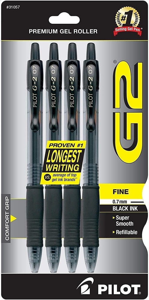 Pilot G2 Gel Pens 4 Pack 0.7mm Fine Point Smooth Writing Black Ink