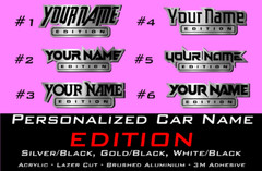Car badge CUSTOM TEXT «EDITION» Emblem, Car emblem BRUSHED SILVER Text Name Logo