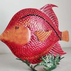 2 Metal Fish Sculptures Seagrass Base 15″ Yellow Tiger Stripe 14″ Red Angelfish