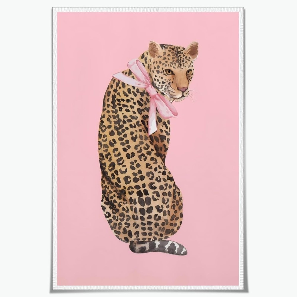 Leopard with Pink Bow Poster Chic Fashion Animal Wall Art Stylish Modern Home