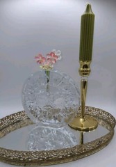 Vintage Brass Filigree Turned Edge Oval Mirror Tray • Velvet Bottom 13.25″L