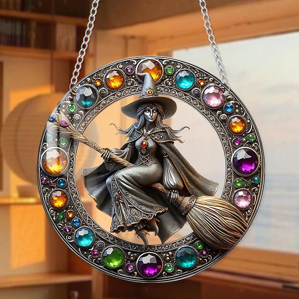 Acrylic Witch Riding Broom Pattern Hanging Sign 20x20cm with 23.6 inch Chain