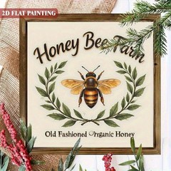 Honey Bee Farm Organic Honey Wreath Square Wooden Plaque Rustic Kitchen Decor