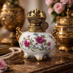 Vintage Japanese Porcelain Oil Lamp Miniature Floral Hand Painted Brass