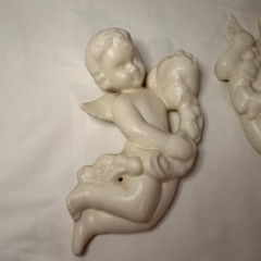 Vintage Ceramic Cherub Wall Hanging Pair Cream Angel Garland Set 7 Inch Cherubim