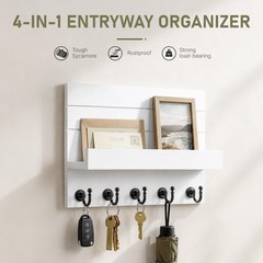 Rustic White Wall Mounted Key Holder with 5 Sturdy Hooks for Timeless Decor