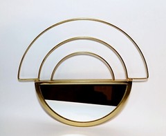 Vintage Art Deco Style Half Moon Gold Metal Framed Mirror Clean Lines Atomic MCM