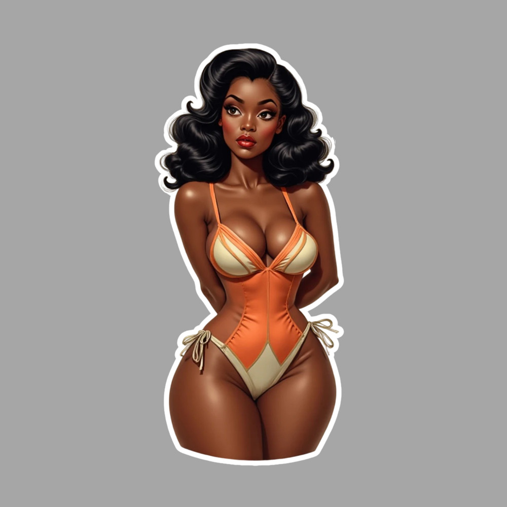 Pinup Girl Sticker Vinyl Decal Curvy Black One Piece Retro Orange Swimsuit