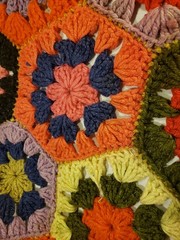 As-is Vtg Afghan Crochet Round Table Couch Decor Granny Hexagon Squares 1960-70s