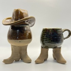 VTG 1981 Five Bridges Art Pottery Cowboy Boot Mug, Hat Vessel Set Western Whimsy