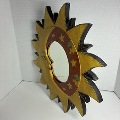 Vintage 1990’s Celestial Sun & Moon Hand-Painted Wooden Mirror 16 X 16