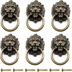 6 Pcs Antique Bronze Lion Head Knobs Pull Handles Drawer Dresser Cabinet Ring Pu