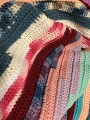 Blanket Knit Afghan Throw Stripe Multi Colors Scalloped Edge Handmade 46×48”
