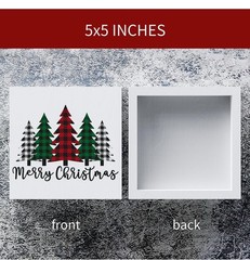 Merry Christmas Plaid Trees Wooden Box Sign Plaque 5x5in White Hollow Back Decor