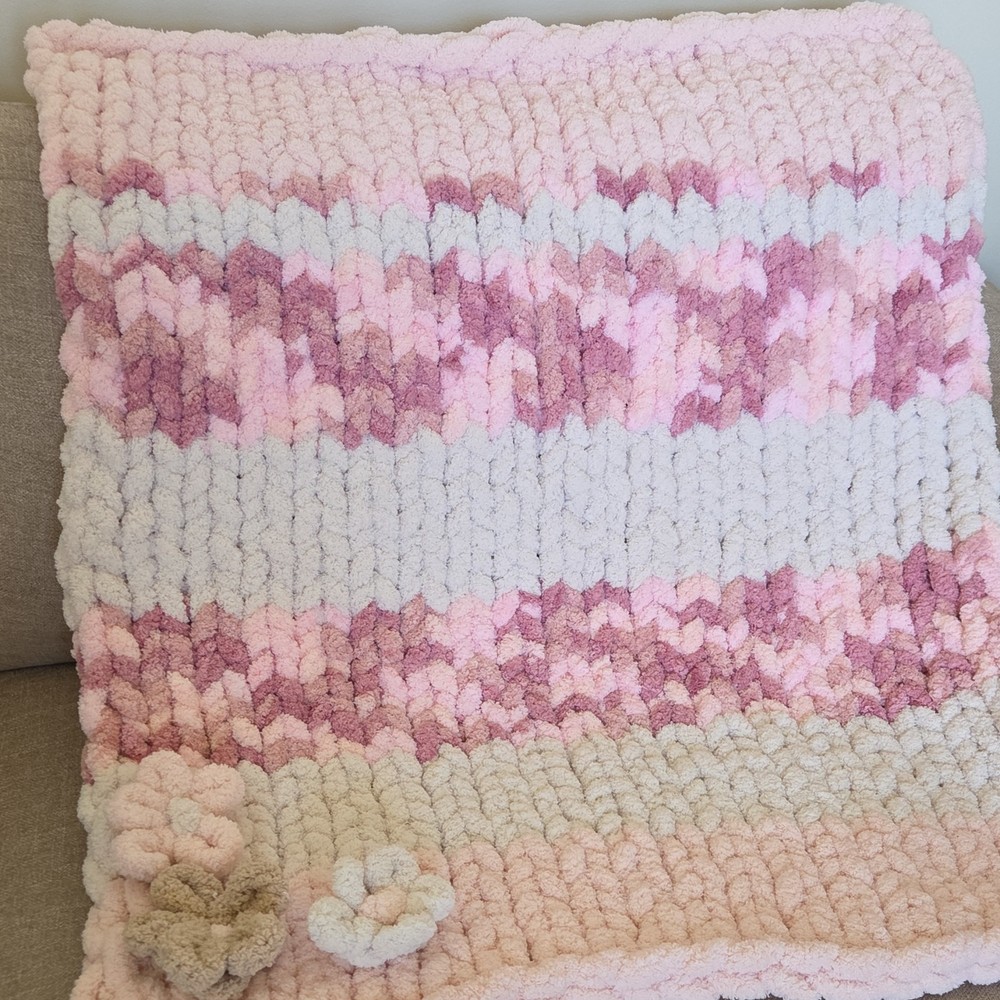 Chunky Knit Chevron Floral Baby Blanket Pink Cream Handmade Decorative