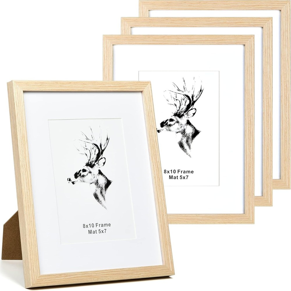 8×10 Picture Frame Matted to 5×7 Set of 4, Natural Solid Oak Wood 8×10 Frames…