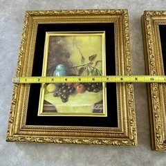 VTG Still Life Fruit Prints Pair Ornate Gold Tone Black Velvet Mats 8×10 MCM
