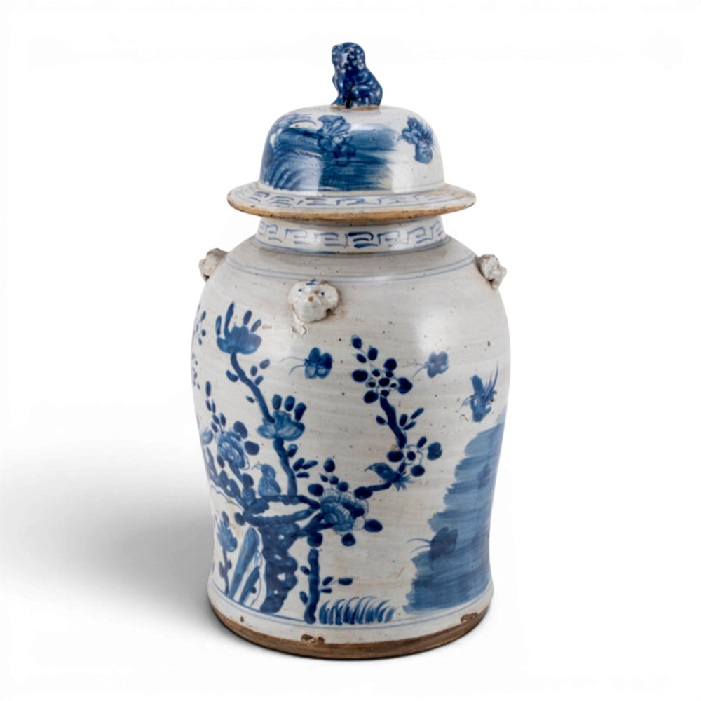 New Chinoiserie Antique Style Porcelain Temple Jar in Blue & White 18”