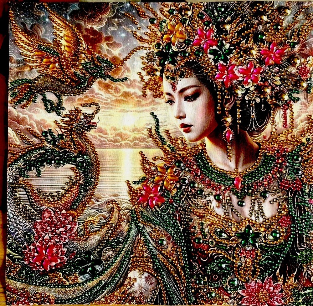 10x-0” Beaded Art, Lady With Dragon Finished Diamond Painting Home Decor