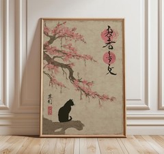 Japanese Black Cat Wall Art Ukiyoe Cherry Blossom Poster Print