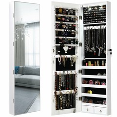 Wall and Door Mounted Mirrored Jewelry Cabinet with Lights-White – Color: White