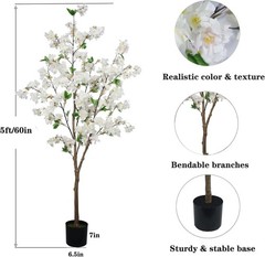 5FT Artificial Cherry Blossom Tree, Realistic White Cherry Plant in Pot for I…