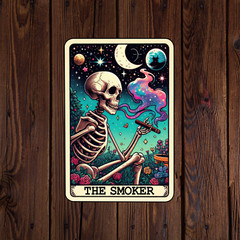 Tarot card sticker vinyl decal the smoker skeleton hippie cigar marijuana