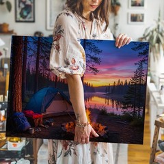 Camping scene canvas wall art with campfire lake sunset pine trees nature print