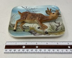 Vintage 3D Porcelain Deer Woodland Scene Small Wall Plaque 5.75″ x 4.75 Enesco