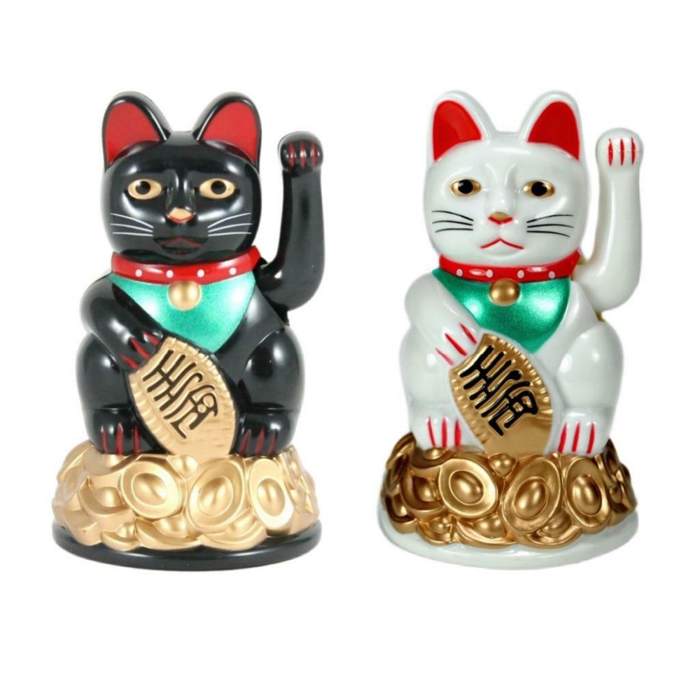 LUCKY BECKONING FORTUNE CAT 4″ White or Black Maneki Neko Waving Wealth Kitty