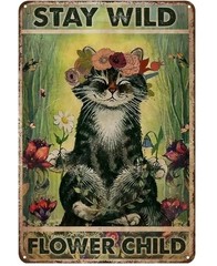 Stay Wild Flower Child Cat Metal Tin Sign 8×12 Boho Wall Art Decor Retro Gift