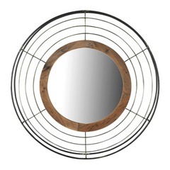 Round Wall Mirror with Wood Frame and Metal Wire Surround