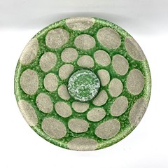 Green & Cement Gray Terra-Cotta Footed Decorative Bowl with Wax Relief Dots