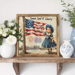 Vintage Patriotic Wall Art «Sweet Land of Liberty» Framed 4th of July Home Decor