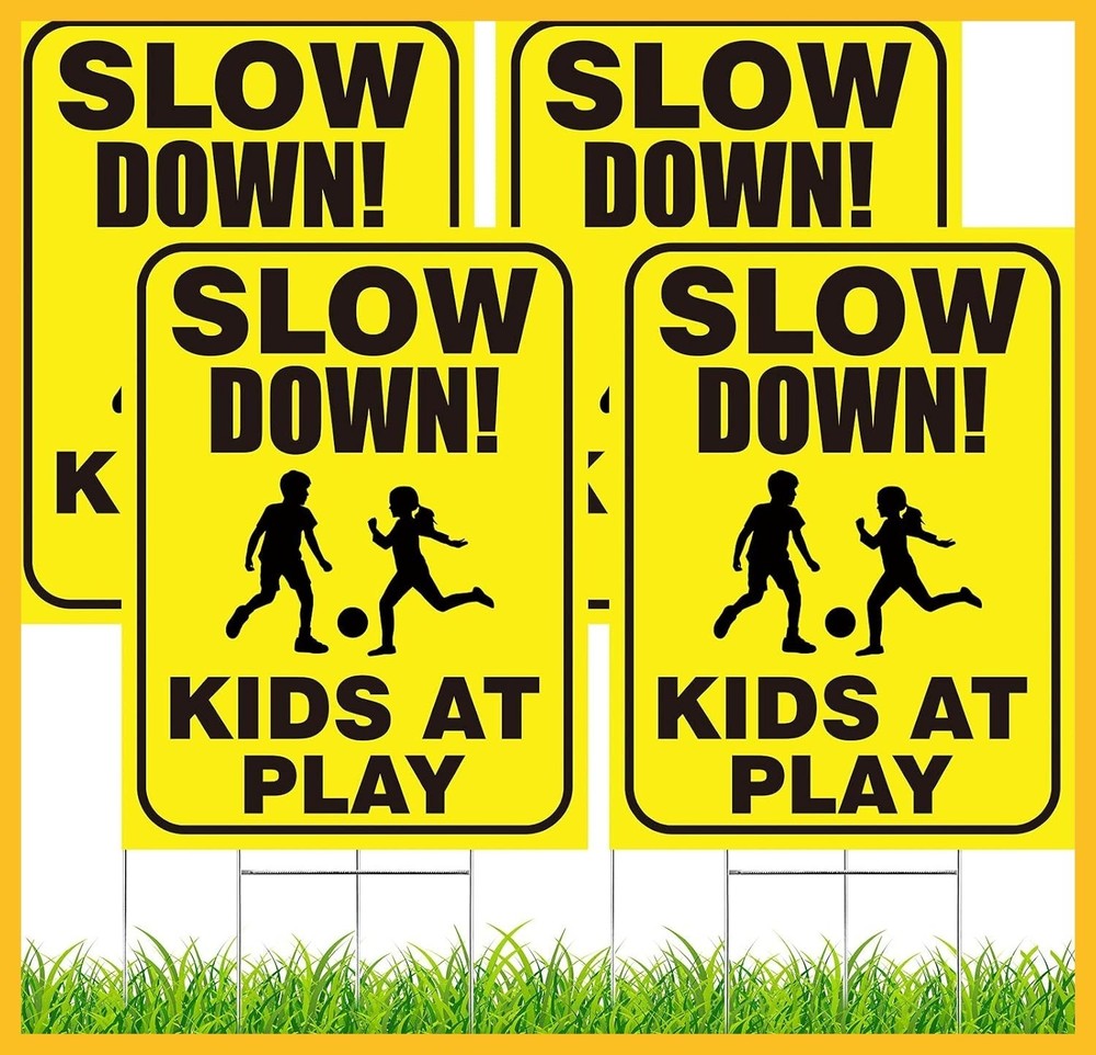 4 Pieces Slow Down Kids At Play Sign with Metal Stake, 12 x 16 Inch Kids At Play