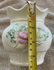 Belleek Ireland Basket Weave Vase Planter Pink Flowers Shamrock Gold Mark 1980s