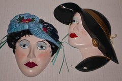 2 ART DECO STYLE Flapper Girl Ceramic Wall Masks Hand Painted 10″ 11″
