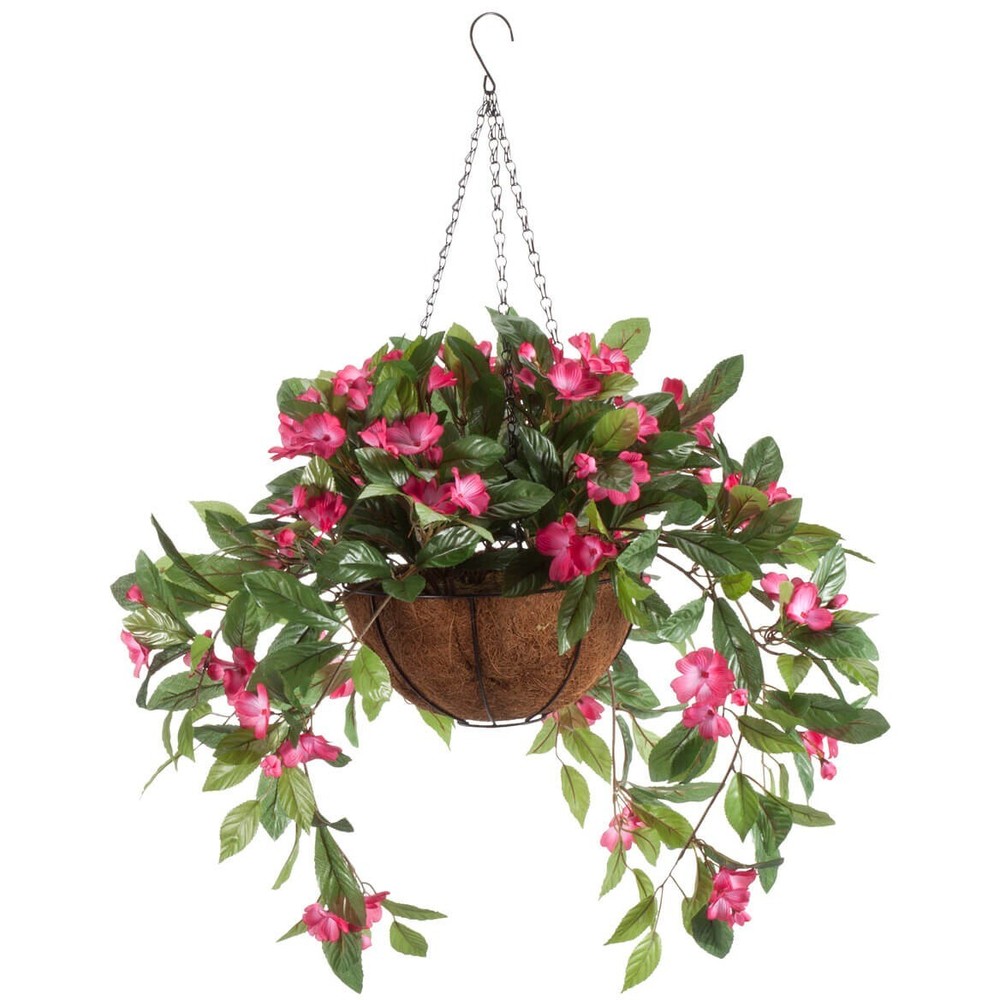 Large Artificial Dark Pink Impatiens Indoor/Outdoor Hanging Planter Basket