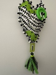 Whimsy HANGING HEART, black, white,green *HANDMADE* with rick rack, beads,tassel