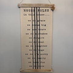 NWT Mud Pie House Rules Fabric Wall Hanging Sign Farmhouse Tan Extra Large Decor