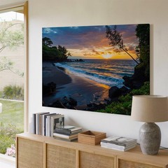 Wall Art Serene Coastal Scene At Sunset Featuring A Black Sand Beach Bordered