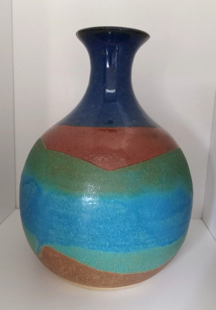 Vintage Weiss Art Pottery Colorblock Vase Blue, Green, Copper, Signed 9″ Mint