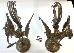 Unusual Set of 2 Identical Asian Brass Bird Statues 6 Pieces Each – 11.5″