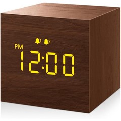 Digital Alarm Clock, with Wooden Electronic LED Time 3 Alarm, 2.5-inch Cubic