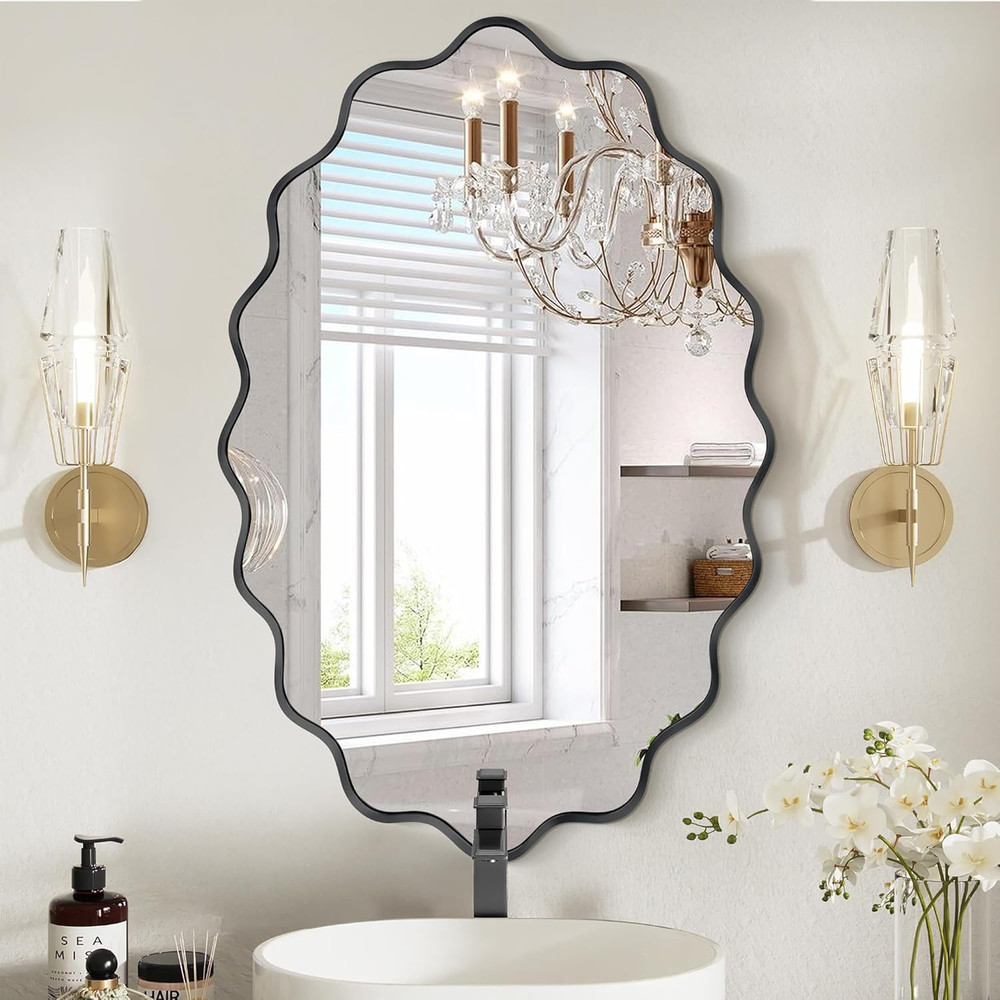 Dorlicecass Oval Wavy Mirror – Irregular Wall Mirror 22″x30″ Black Asymmetrical