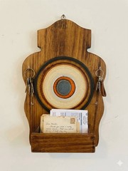 VTG MCM Wood Key Rack Fat Lava Bullseye Tile Ceramic Wall Mail Holder Organizer