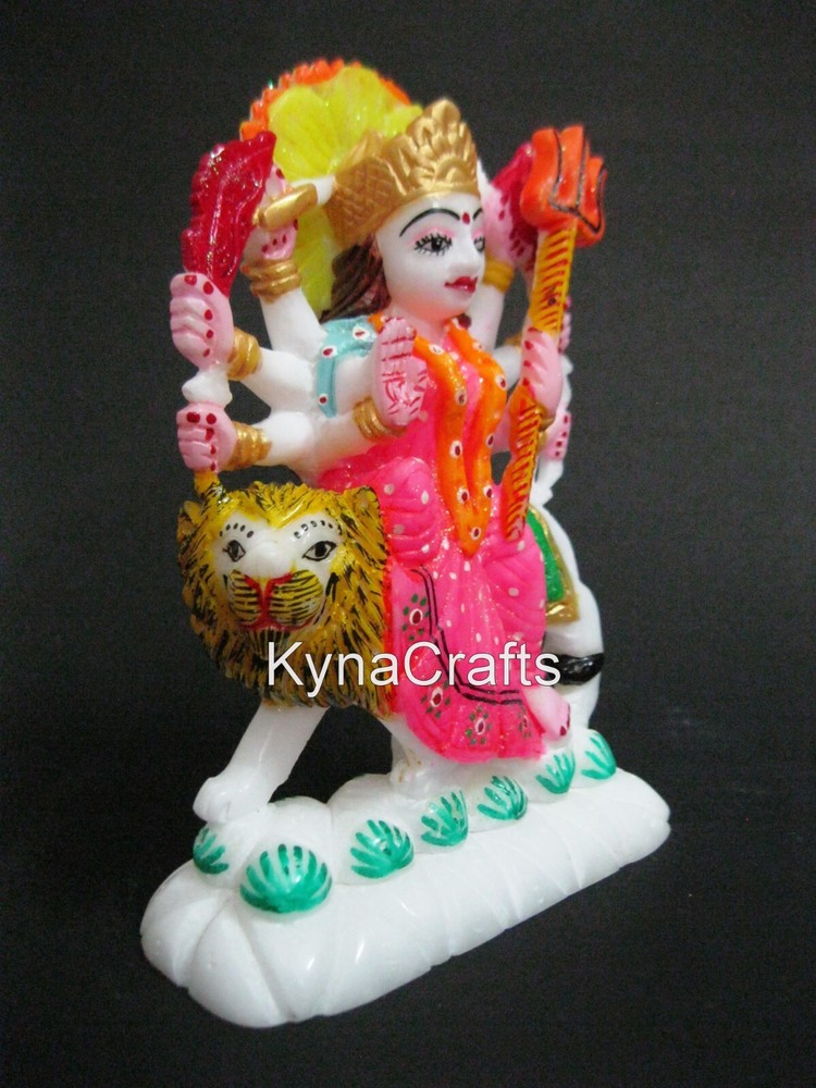 7 Inches White Marble Durga Maa Sculpture Hand Painted Work Asht Bhuja Devi